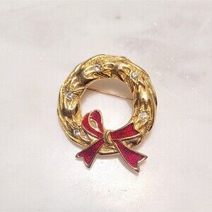 Gold Tone Wreath Brooch with Clear Rhinestones/Red Enamel Bow Pin Vintage